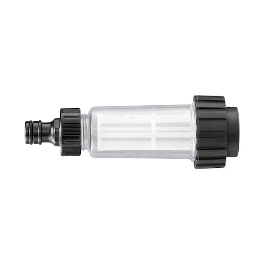 Photo of BLACKDECKER BZOTFL1 transparent inline water filter with black connectors, side view, white background.