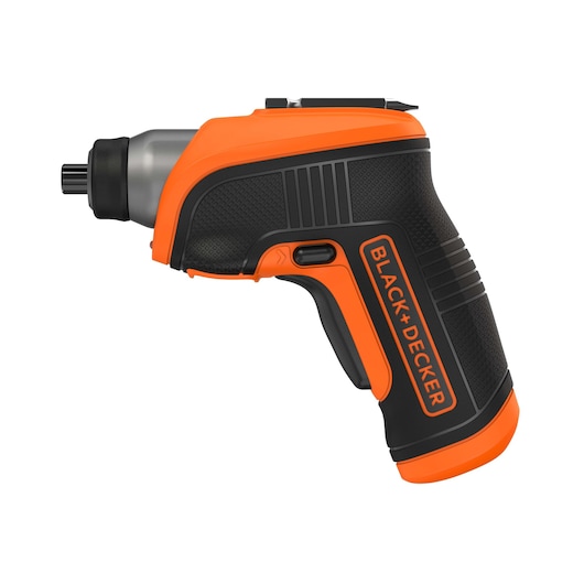 BLACK+DECKER CS3652LC cordless screwdriver, black and orange, side angle, textured grip.