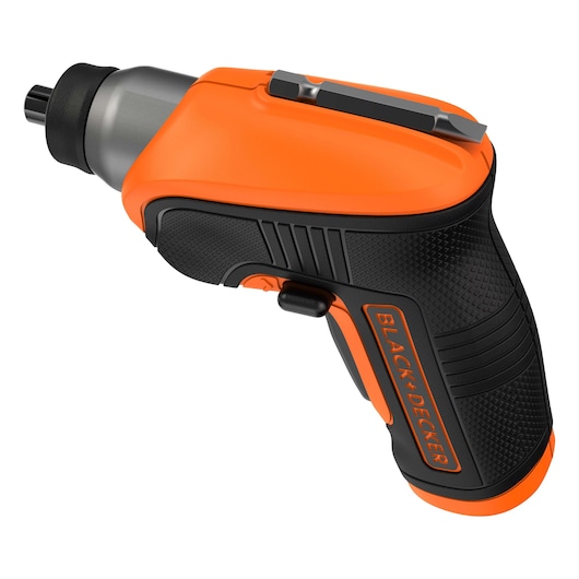 BLACK+DECKER CS3652LC cordless screwdriver, black and orange, side angle, tool category.