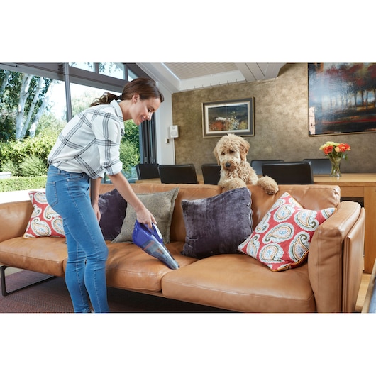 Photo of BLACKDECKER DVB315JP handheld vacuum cleaning a brown sofa with cushions in a modern living room.