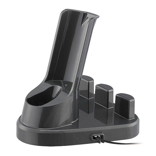 BLACKDECKER DVC320B21 vacuum accessory charging dock, black plastic, side angle on white background.