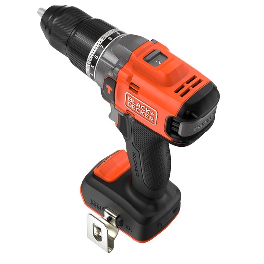High-angled, rear-side view of the BLACK+DECKER® 18V POWERCONNECT™ Brushless Hammer Drill without battery.