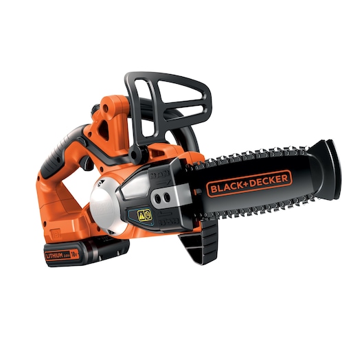 A BLACK+DECKER cordless chainsaw with an 18V lithium battery, orange and black in color, shown on a white background.