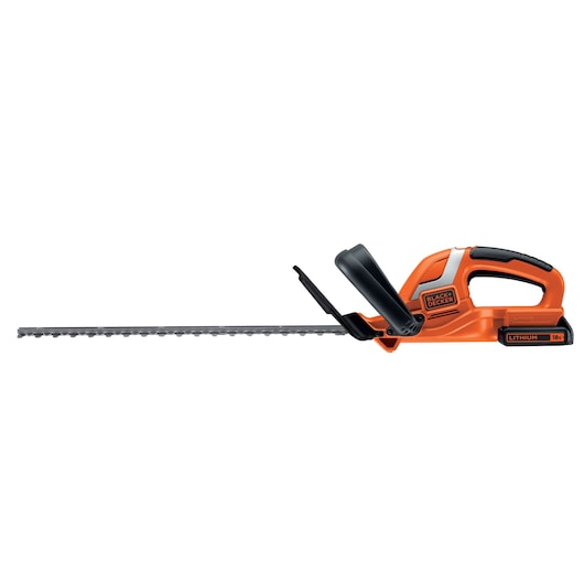 A BLACK+DECKER cordless hedge trimmer with an orange and black body, featuring an 18V lithium battery and a long cutting blade.