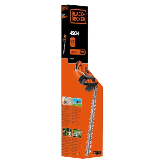 Photo of BLACK+DECKER GTC1845L20 cordless hedge trimmer in orange and black packaging, front angle, 45cm blade.