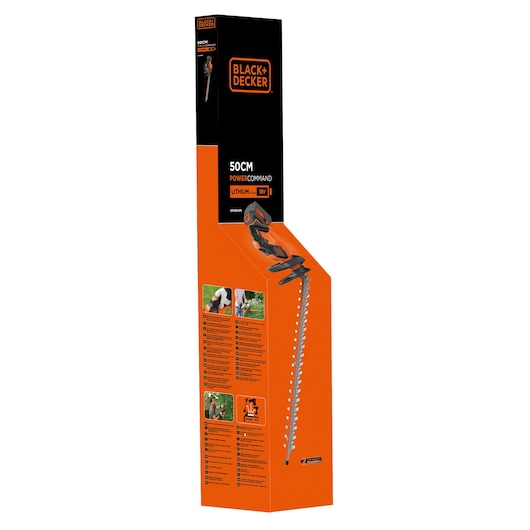 BLACK+DECKER display with GTC18504PC hedge trimmer, 50cm blade, upright angle, orange and black packaging.