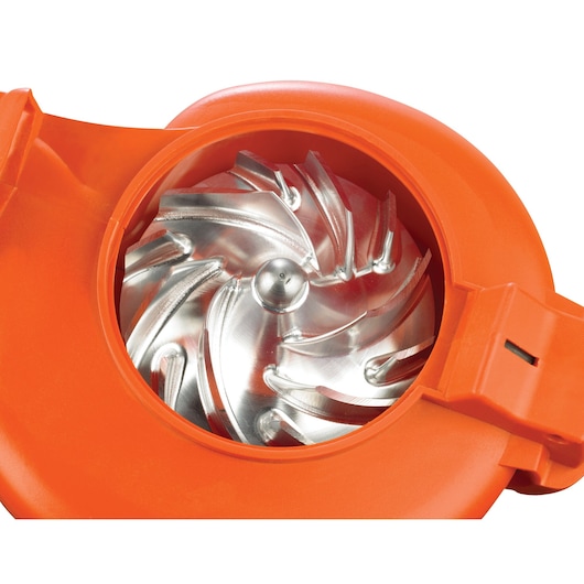 BLACKDECKER GW3030 leaf blower metal fan in orange housing, close-up photo, photography product.