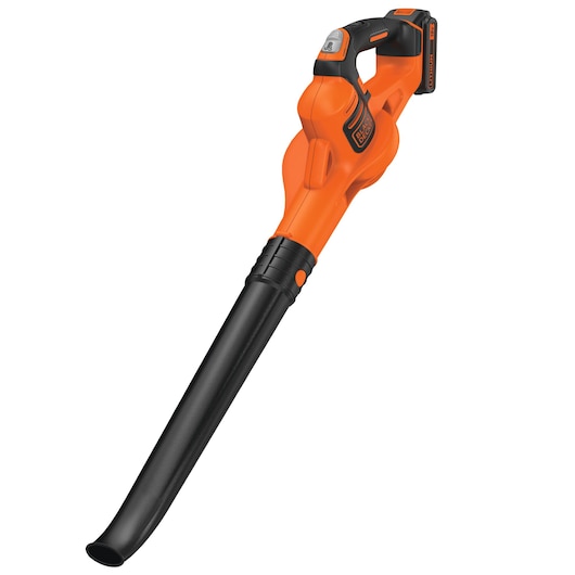 BLACKDECKER GWC1820PCB orange cordless leaf blower, side angle on white background.