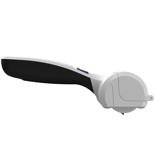 BLACKDECKER HMSCT0001 handheld can opener, side angle, black and white plastic body.