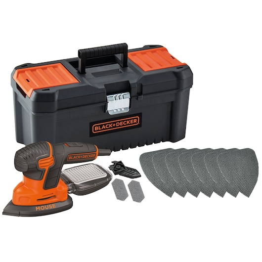 A BLACK+DECKER mouse sander kit including a black and orange sander, multiple sanding sheets, accessories, and a black toolbox with orange accents.