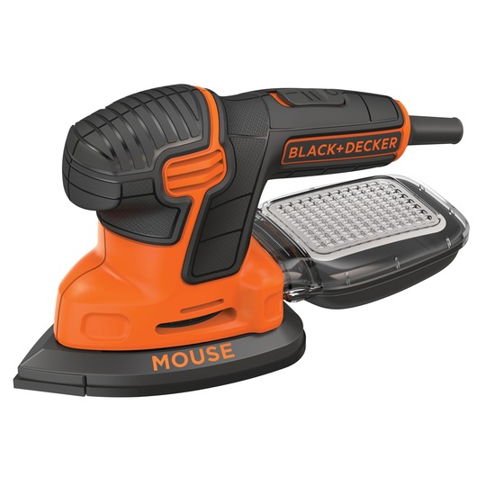 A BLACK+DECKER Mouse detail sander with an orange and black design, featuring a clear dust collection attachment. The sander is compact and has a pointed sanding pad.