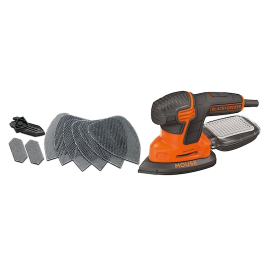A BLACK+DECKER Mouse detail sander with attachments and sanding sheets. The sander is orange and black, and the set includes multiple sanding pads and accessories.