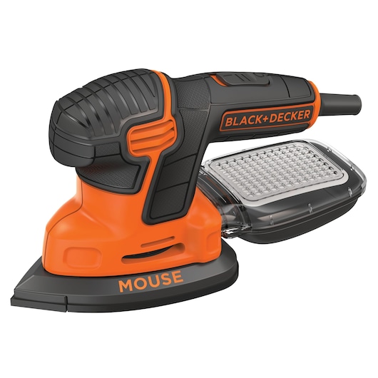 A BLACK+DECKER Mouse detail sander with an ergonomic black and orange handle, dust collection compartment, and triangular sanding pad, shown on a white background.