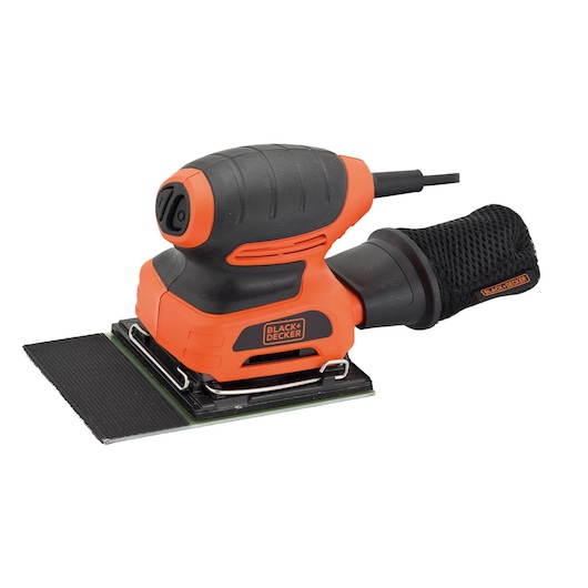 A BLACK+DECKER electric sander with an orange and black design, featuring a rectangular sanding pad and a dust collection attachment.
