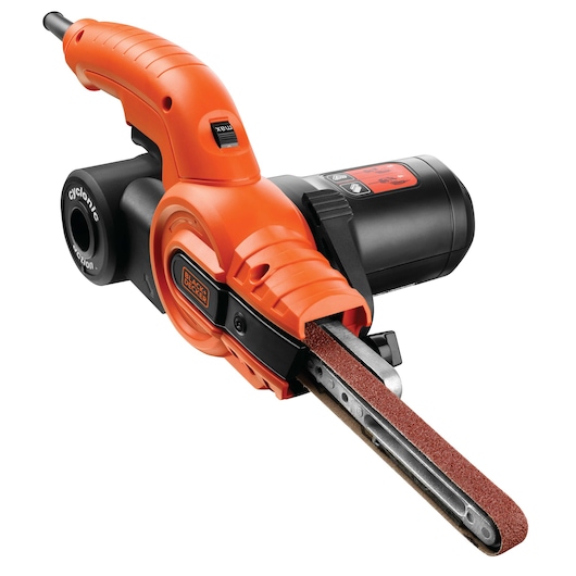 A BLACK+DECKER KA900E power tool, featuring an orange and black design with a slim sanding belt attachment, used for precision sanding and material removal.