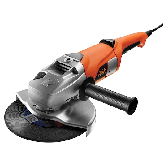 A BLACK+DECKER angle grinder with an orange and silver body, featuring a side handle and a disc for cutting or grinding, shown on a white background.