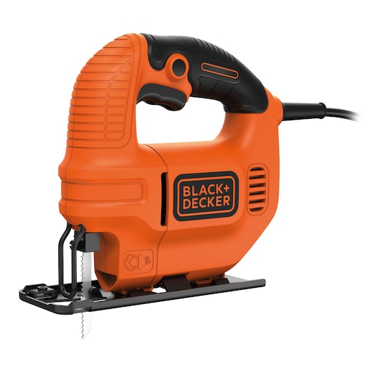 BLACK+DECKER KS501 jigsaw, orange and black, front angle, corded power tool, photography on white background.