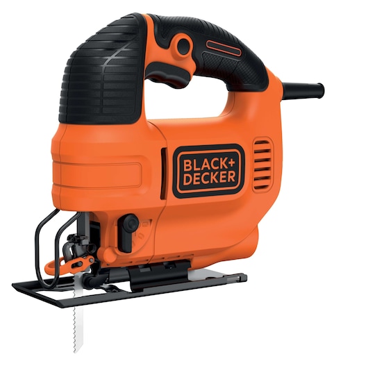Photo of BLACKDECKER KS701PEK orange and black jigsaw tool, side angle on white background.