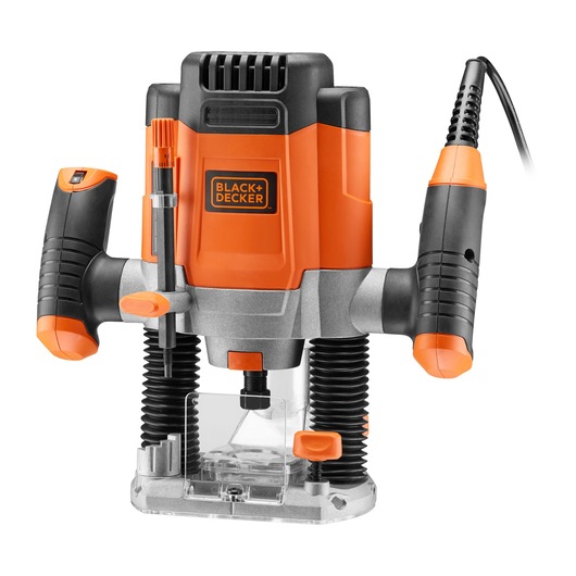A BLACK+DECKER plunge router tool with orange and black design, shown with its base and handles, used for woodworking and cutting applications.