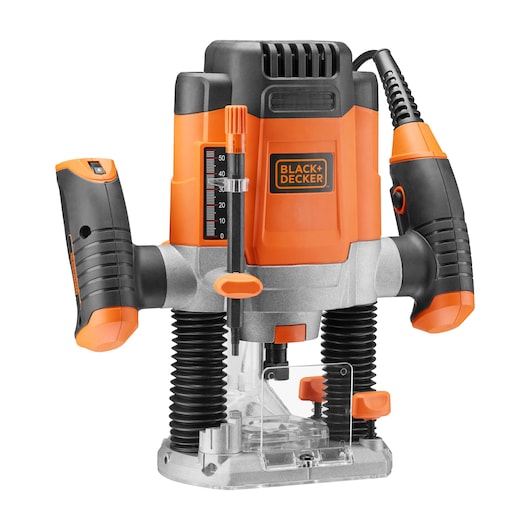 A BLACK+DECKER KW1200EKA plunge router, featuring an orange and black design, ergonomic handles, and clear base for precision woodworking.