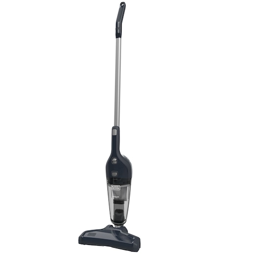 A BLACK+DECKER upright stick vacuum cleaner with a dark blue and silver design, featuring a transparent dust container and a long handle.