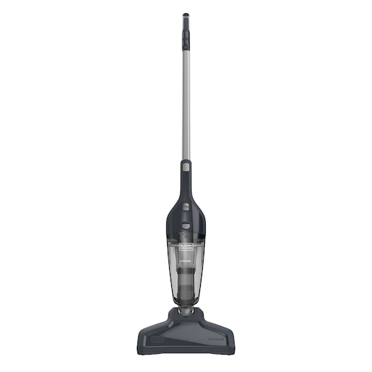 A BLACK+DECKER upright stick vacuum cleaner with a transparent dust container, lithium technology, and a black and grey design, shown standing upright against a white background.