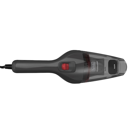 A BLACK+DECKER handheld vacuum cleaner, model NVB12AV, with a black and grey body and red button, shown from the side.