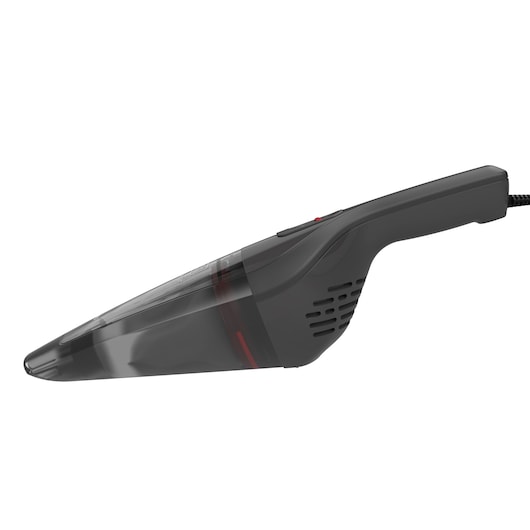 A BLACK+DECKER handheld vacuum cleaner, model NVB12AV, shown in a side view with a sleek black and transparent design, featuring a long nozzle and ergonomic handle.
