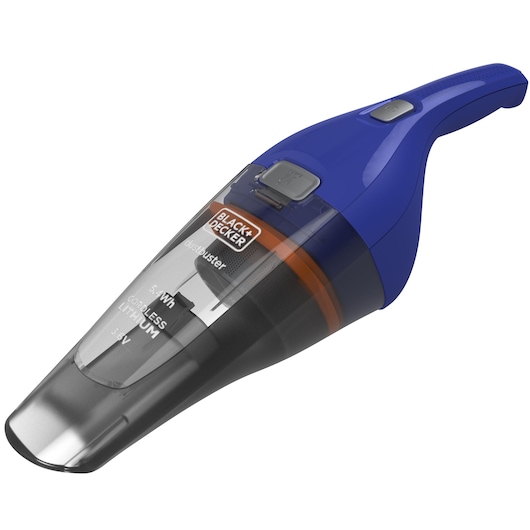 A BLACK+DECKER handheld cordless vacuum cleaner with a blue and black body, designed for easy cleaning of small spaces.