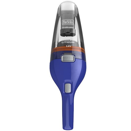 A BLACK+DECKER Dustbuster handheld cordless lithium vacuum cleaner with a blue handle, shown from the front.