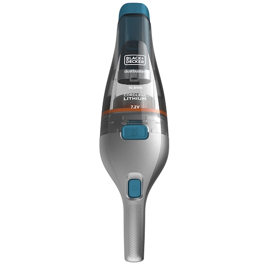 Front view of a BLACK+DECKER cordless handheld vacuum cleaner, model NVC215WA, featuring a slim grey and blue design with labeled buttons for power and dust emptying.