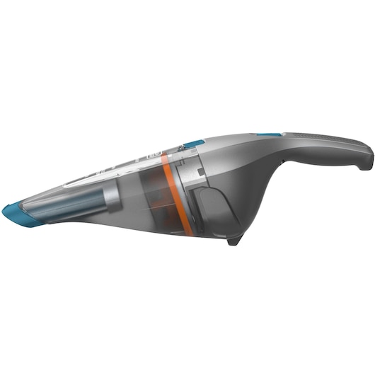 A handheld cordless vacuum cleaner with a transparent dust container and blue accents, shown in a side view.