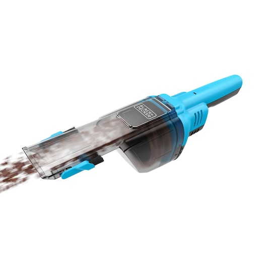 Photo of BLACK+DECKER NVD215J handheld blue cordless vacuum cleaner side view on white background.