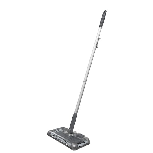 A BLACK+DECKER floor sweeper with a grey and black handle and rectangular base, designed for cleaning hard floors and carpets.