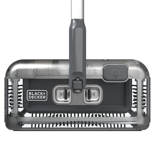 Front view of a BLACK+DECKER floor sweeper with a rectangular cleaning head, visible bristles on the sides and bottom, and a power button located on the top right.