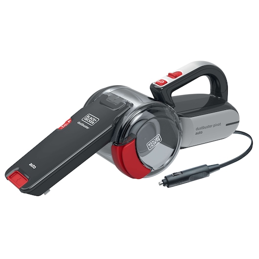BLACK+DECKER Dustbuster Pivot Auto handheld vacuum cleaner with a flexible nozzle, compact design, and car adapter cord.
