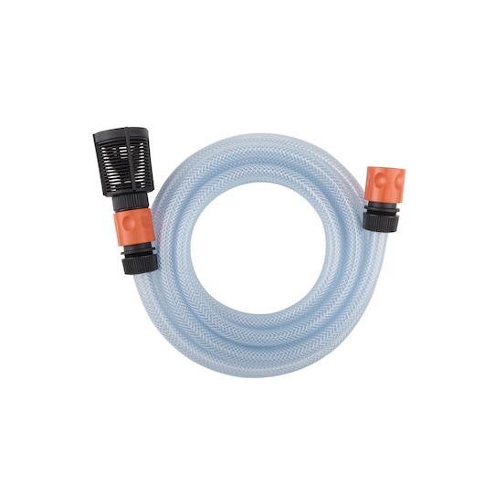 BLACKDECKER PW1450TDL clear braided hose with orange and black connectors, top view, photography