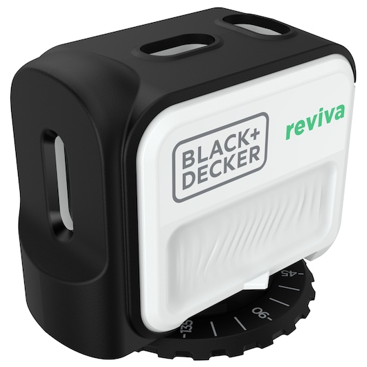 BLACK+DECKER REVBDLL100 photo of black and white digital level with rotary base, angled view.