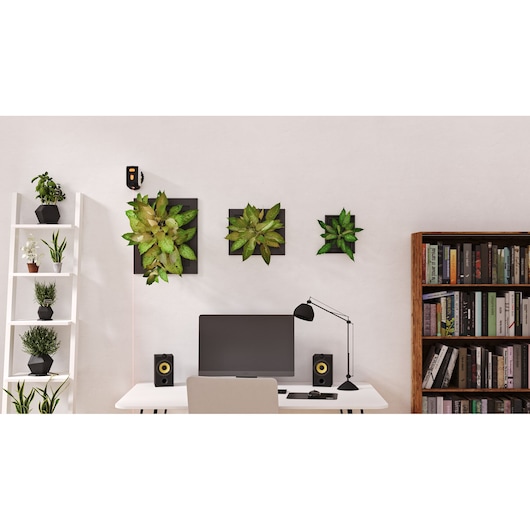 Photo of BLACKDECKER REVBDLL100 laser level mounted on a wall above a modern desk with plants and bookshelves.