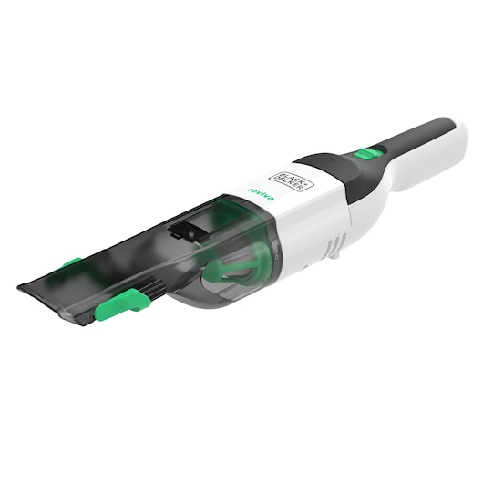 BLACK+DECKER REVHV8C handheld vacuum cleaner, white and black with green accents, angled on white background.