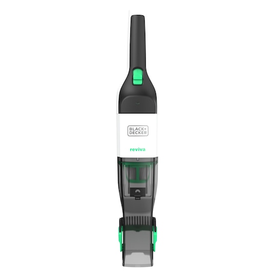 BLACK+DECKER REVHV8C handheld vacuum with black, white, and green accents, front view on white background.