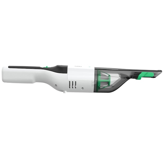 BLACKDECKER REVHV8C handheld vacuum cleaner side view, white and black with green accents, on white background.