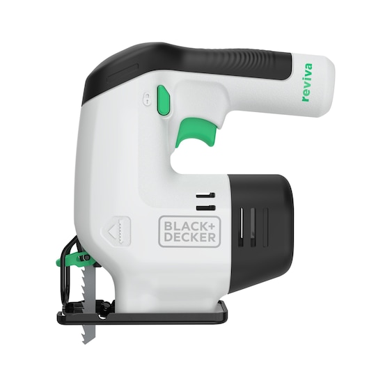BLACK+DECKER REVJ12C cordless jigsaw with white and black body, green accents, side angle, photography.