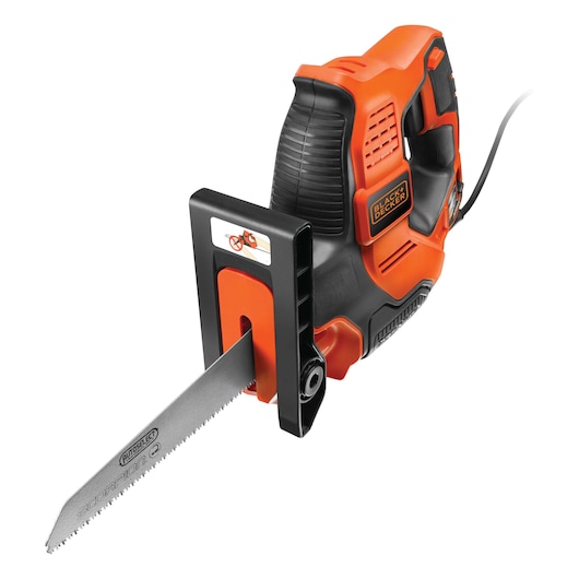 A BLACK+DECKER electric reciprocating saw with an orange and black handle and a mounted silver blade.