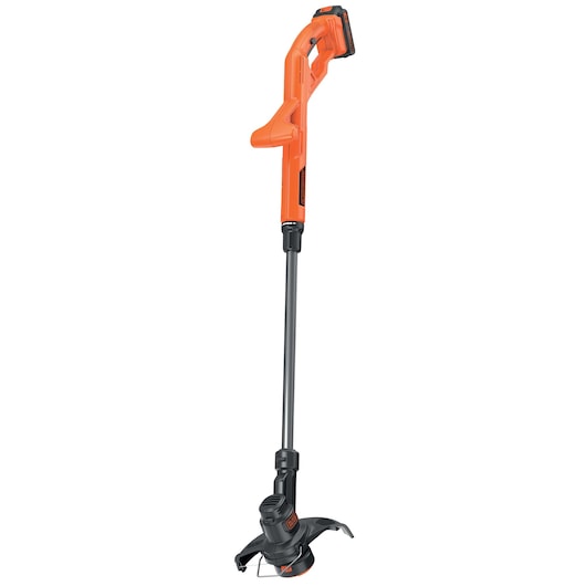 A BLACK+DECKER cordless grass trimmer with an orange handle and black trimming head, designed for easy garden maintenance.