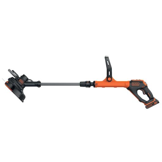 A BLACK+DECKER cordless grass trimmer, model STC1820EPC, with an orange and black design, adjustable handle, and battery-powered operation.