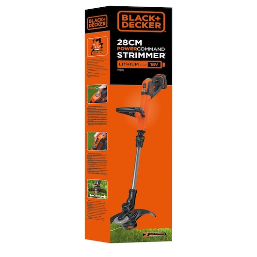 Photo of BLACK+DECKER strimmer retail box, SKU STC1820EPC, orange and black 28cm cordless grass trimmer.