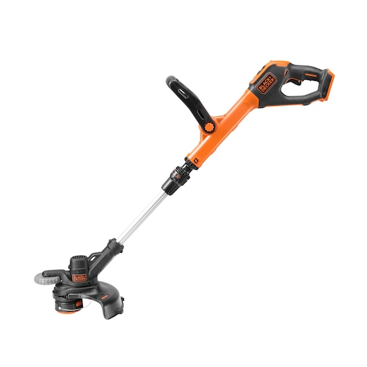 A BLACK+DECKER cordless grass trimmer with an orange and black design, featuring an adjustable handle and a cutting head for trimming grass and edges.