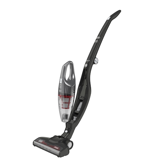 A BLACK+DECKER cordless 2-in-1 upright and handheld vacuum cleaner in black and grey, featuring a slim design and transparent dust container.