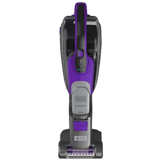 BLACK+DECKER SVJ520BFSP upright cordless pet vacuum, purple and gray, front angle, photography.